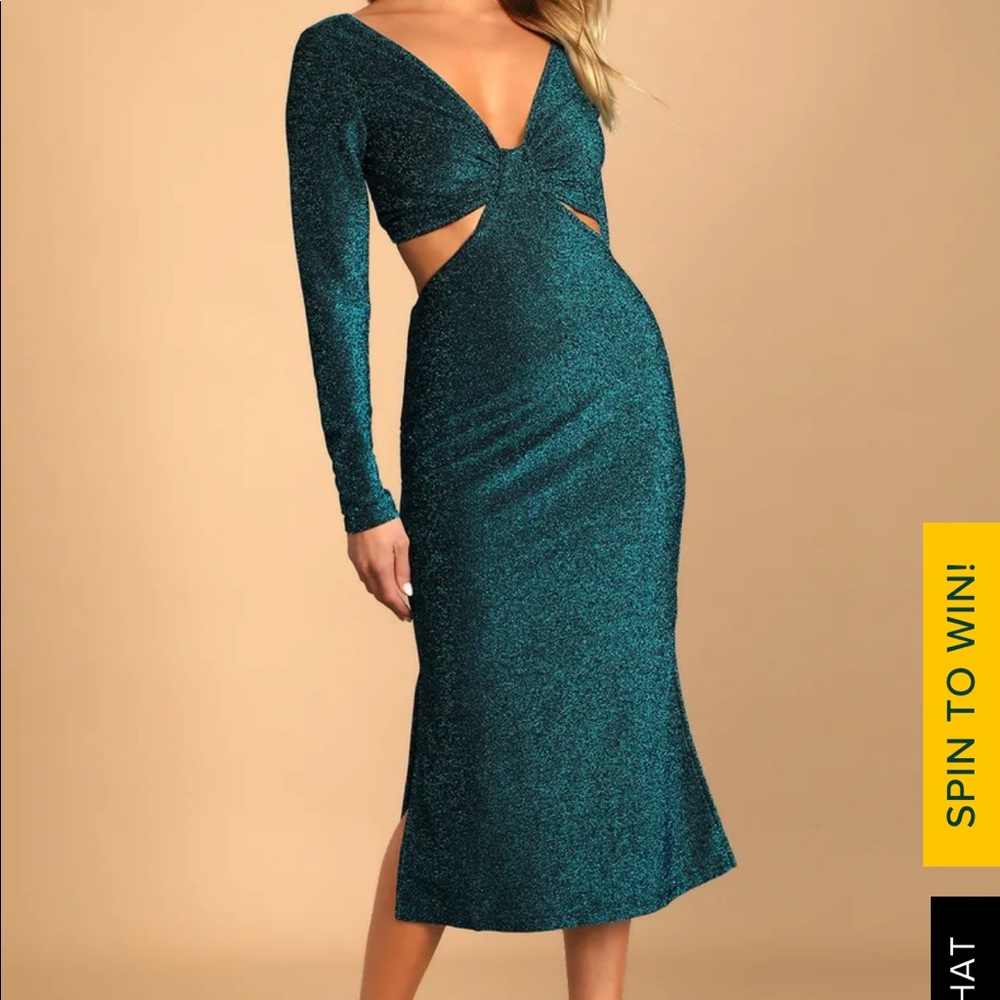 Lulu’s Sparks of Love Metallic Blue Cutout Long Sleeve Midi Dress